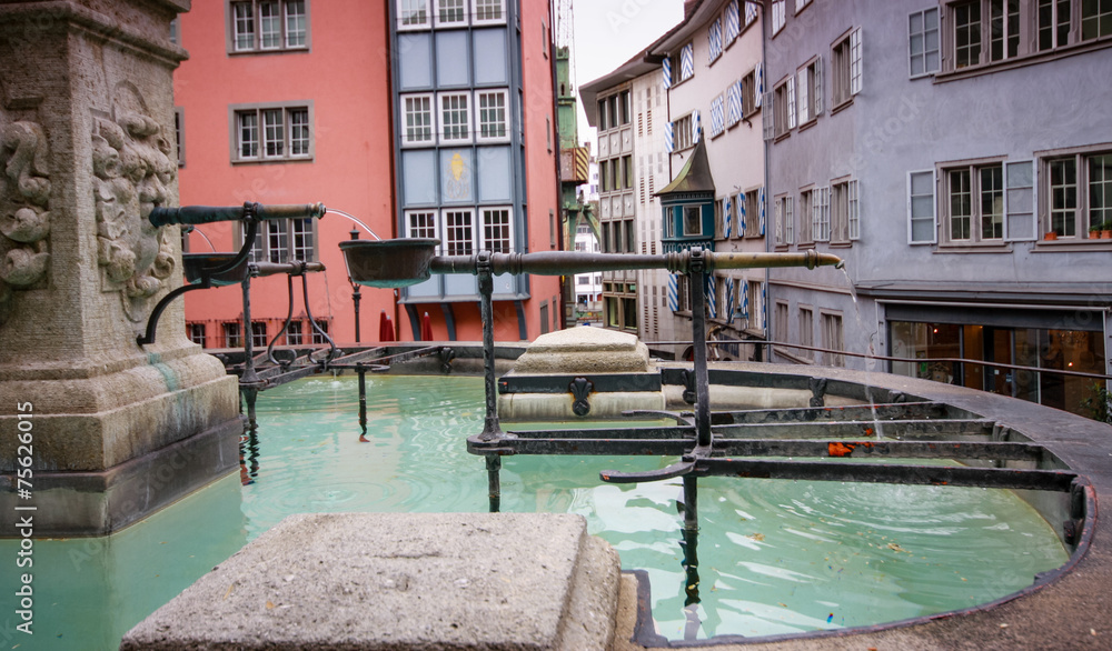 Fountain with cascade taps in the historical center of Zurich ci