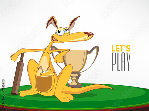 Cartoon of kangaroo with bat and winning trophy for Cricket.