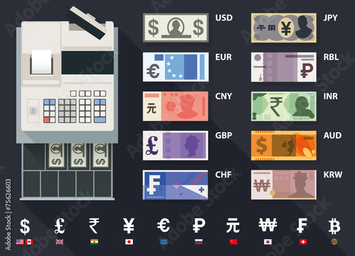 vector currency, money and cash register
