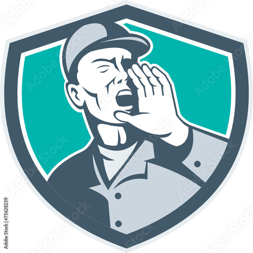 Worker Shouting With Hand in Mouth Shield