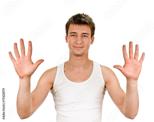Portrait of happy smiling man showing ten fingers