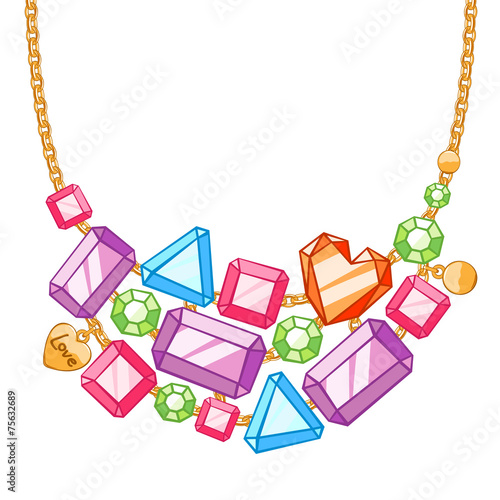 Necklace with golden chains and gemstones.