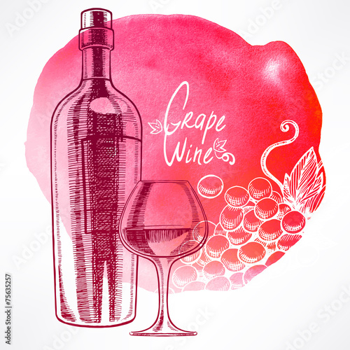 watercolor background with wine and grapes