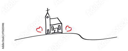 Grafik - Kirche mit zwei Herzen, kleine Dorfkirche, Taufe, Firmung, Konfirmation, Trauung, Hochzeit, Gottesdienst, Gemeinde, Glauben leben, Hoffnung erhalten, Gebet, beten, Einsamkeit photo