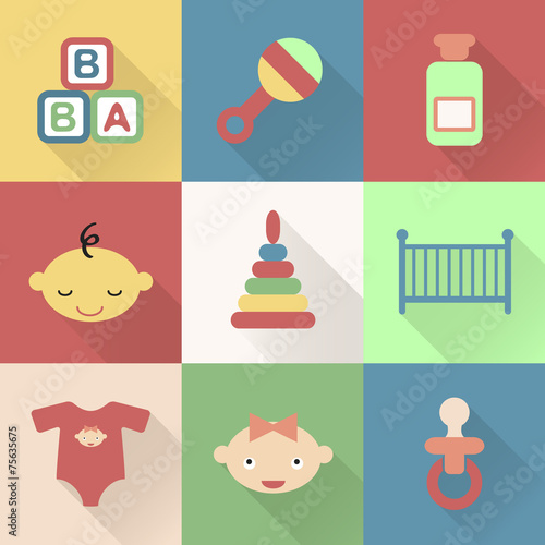 Colorful flat baby icons with shades. Vector infographic