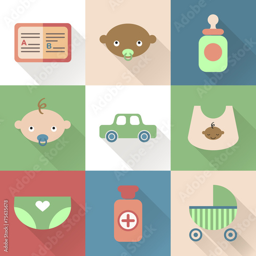 Colorful flat baby icons with shades. Vector infographic