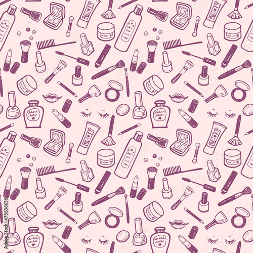 Hand drawn beauty and cosmetics items set.