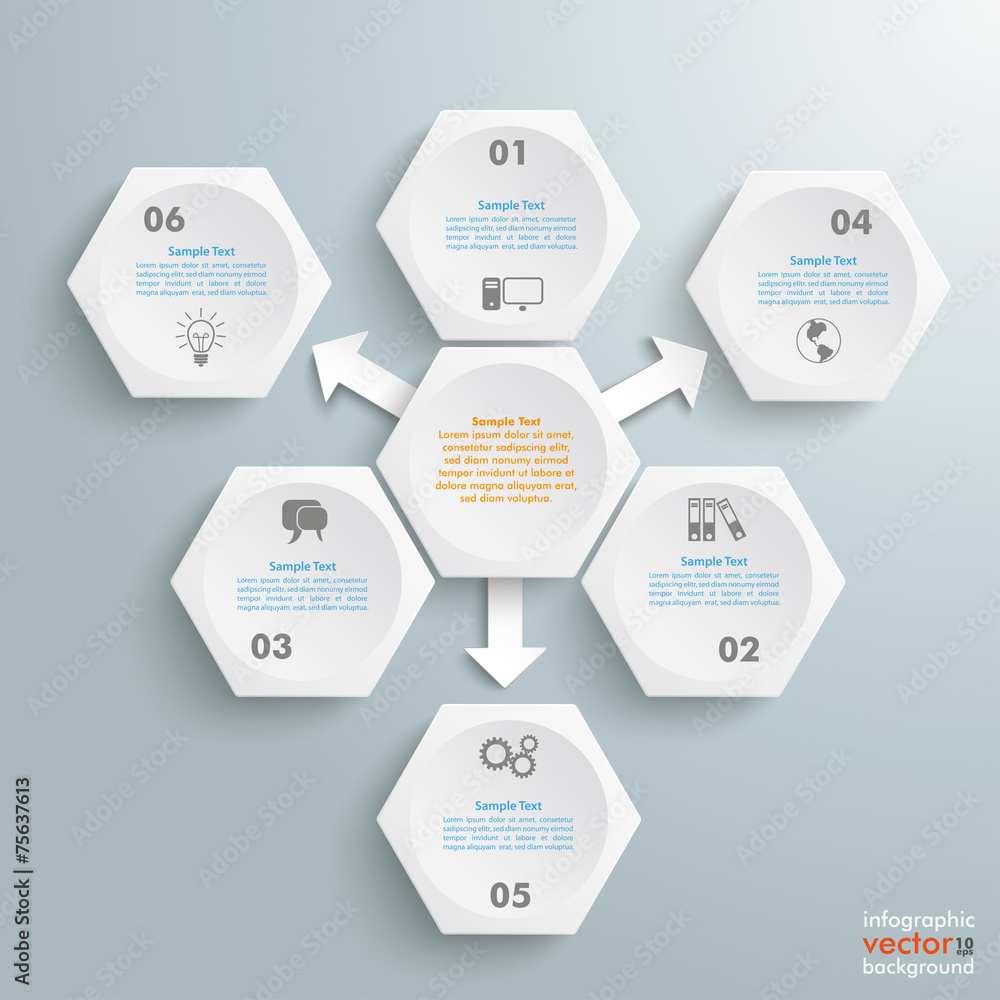 6 White Hexagons 3 Arrows Infographic 6 White Hexagons 3 Arrows Infographic