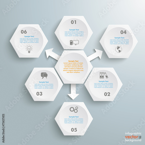 6 White Hexagons 3 Arrows Infographic