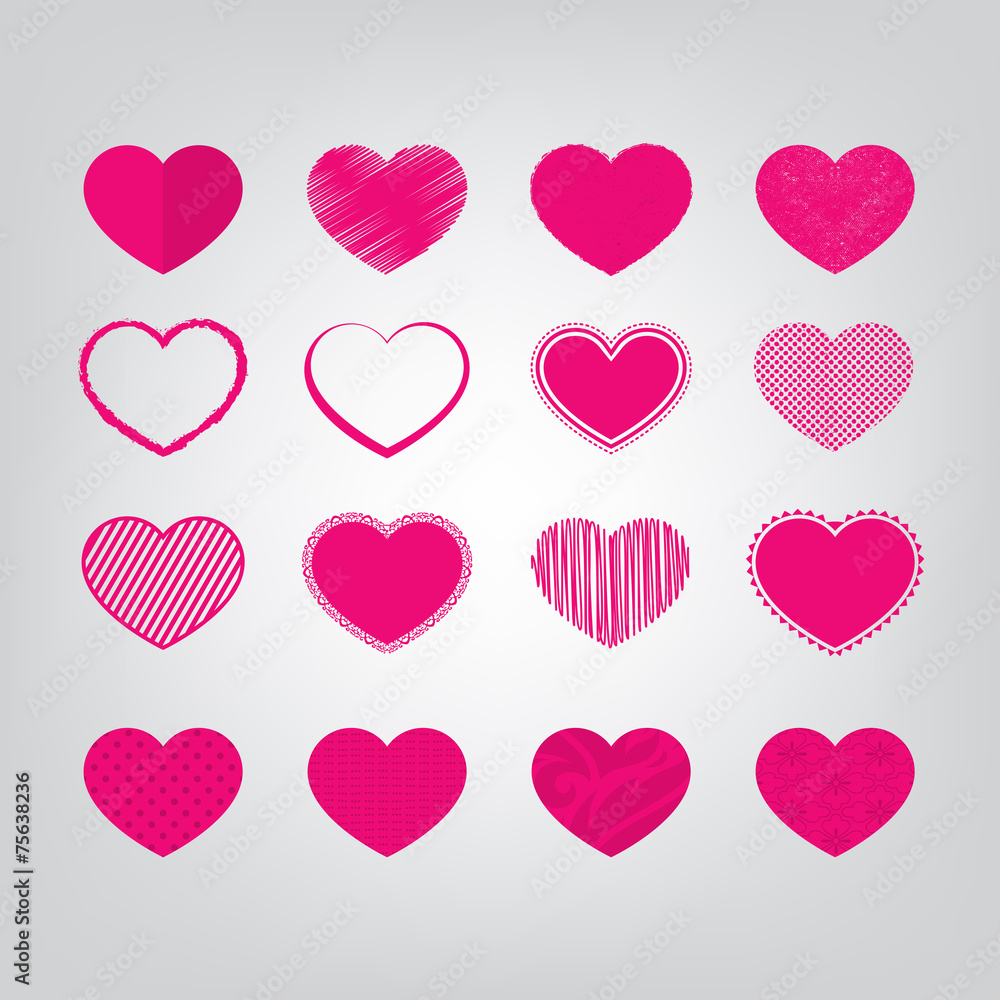 A set of 16 hearts in various styles