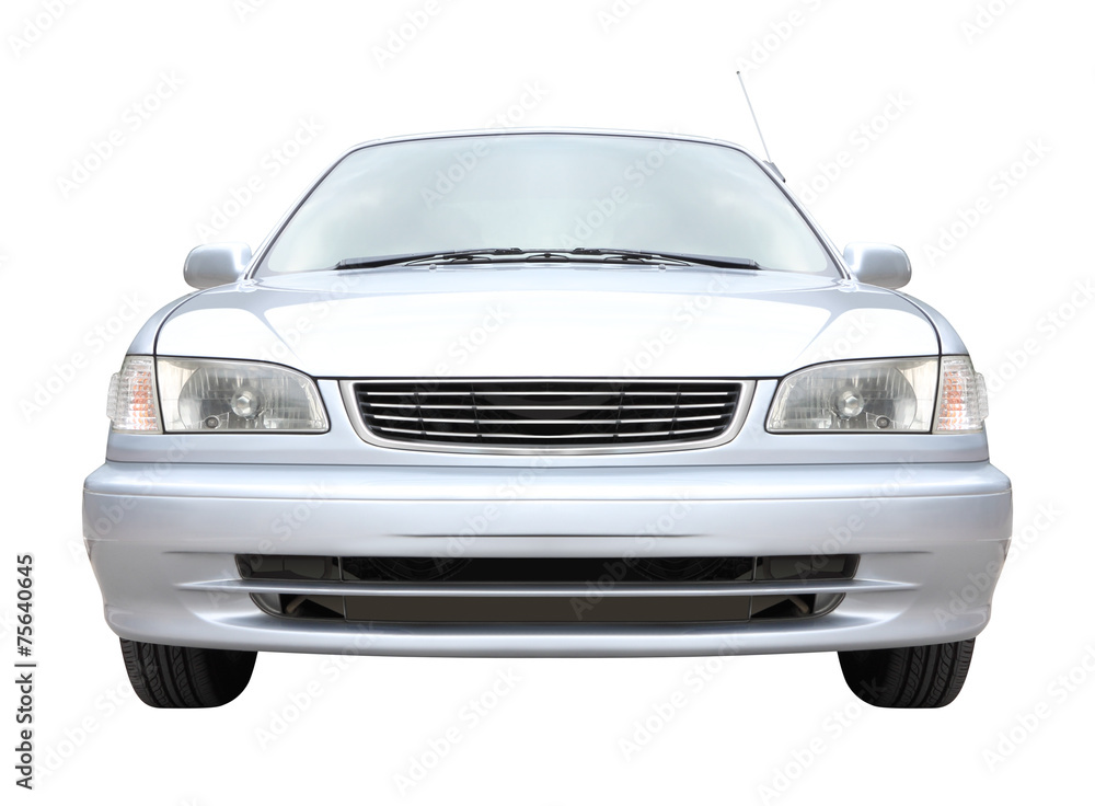 Front of metallic sedan on white background.