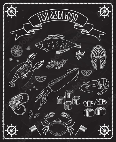 Fish and seafood blackboard vector elements