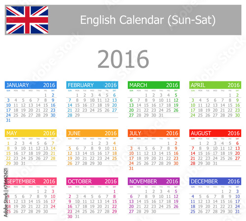 2016 English Type-1 Calendar Sun-Sat