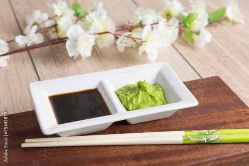 Fototapeta soy sauce, wasabi and chopsticks