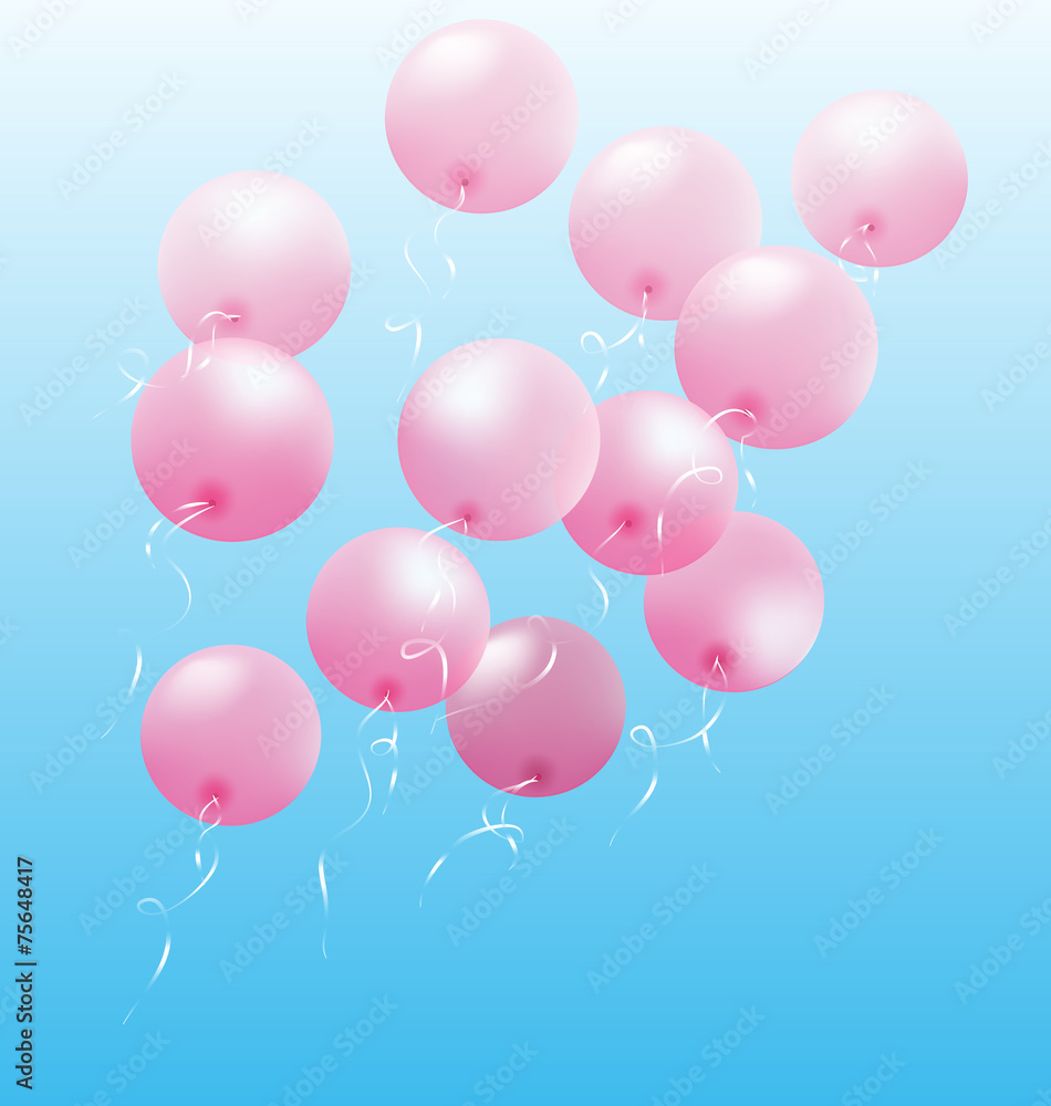 Pink inflatable air balls fly on sky background