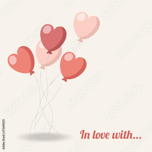 Cute valentines, wedding card, flying heart balloons, vector