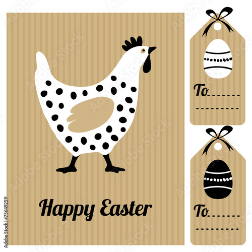 Cute easter card with hen and eggs, invitation,vector