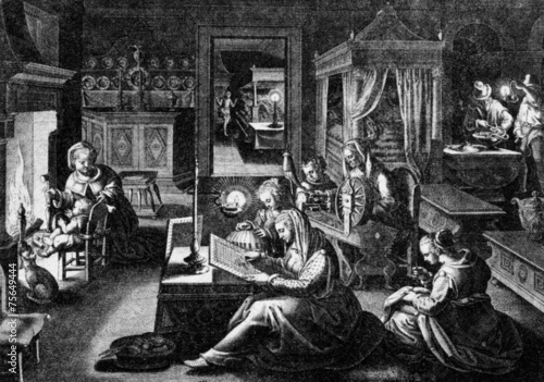 Women spinning and embroidering (Stradanus, ca. 1570)