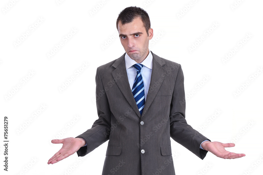 Young businessman in a gray suit rejecting the responsibility, Young businessman in a gray suit rejecting the responsibility,