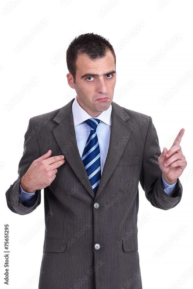 Young businessman in a gray suit rejecting the responsibility a Young businessman in a gray suit rejecting the responsibility a