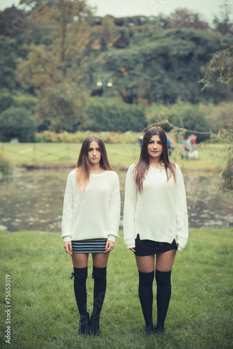 young couple beautiful women girls autumn