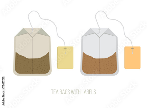 Black and Green Tea Bags Set with Labels, Vector Illustration
