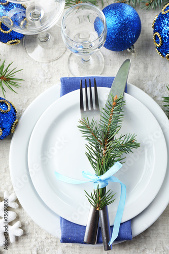 Stylish blue and white Christmas table setting