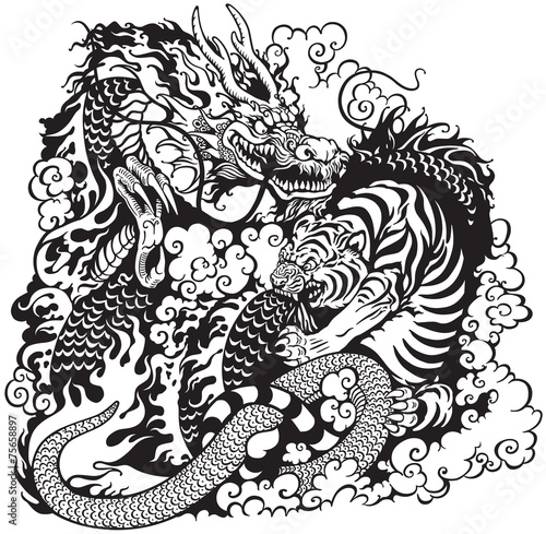 dragon and tiger fight black white