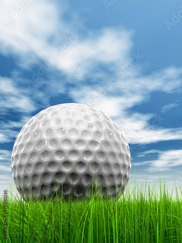 White golf ball in grass and sky