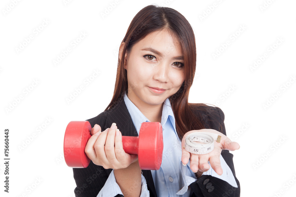 Young Asian businesswoman with red dumbbell and measuring tape Young Asian businesswoman with red dumbbell and measuring tape