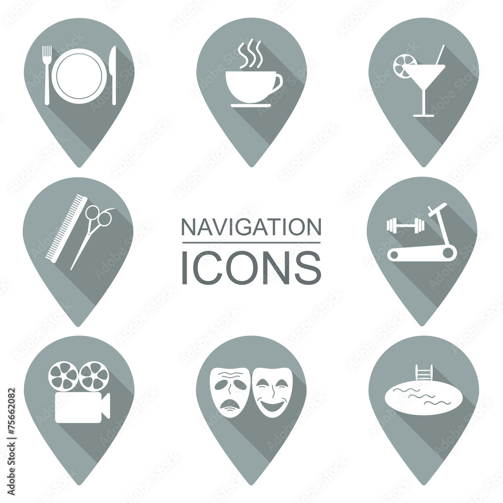 Set of navigation icons. Flat design. vector