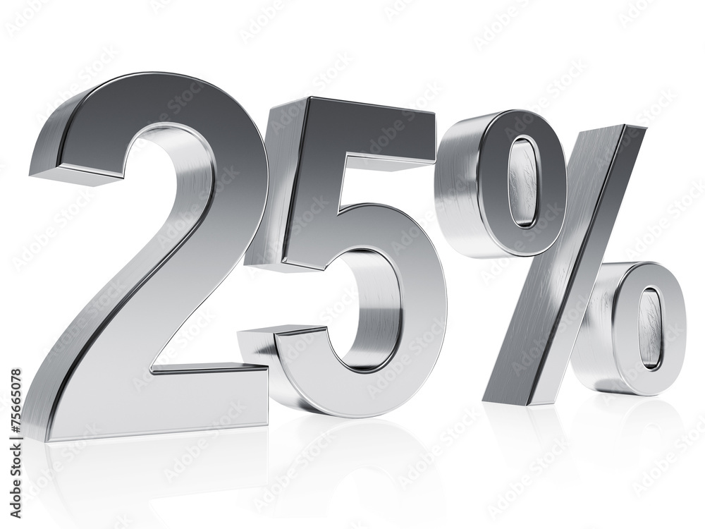Realistic silver rendering of a symbol for 25 % discount or gain Realistic silver rendering of a symbol for 25 % discount or gain