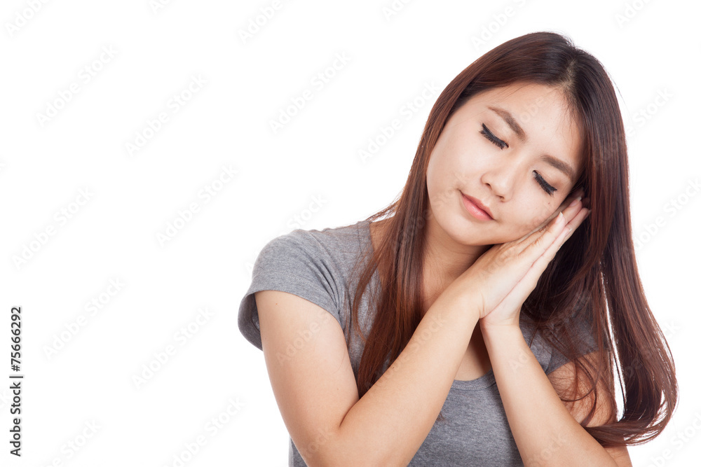Young Asian woman  posing gesturing sleeping
