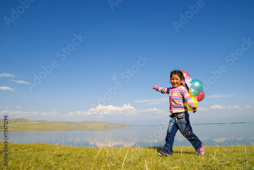 Asian Girls Playing Lake Happiness Sunny Concept