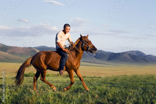 Young Man Riding Horse Scenic View Nature Concept