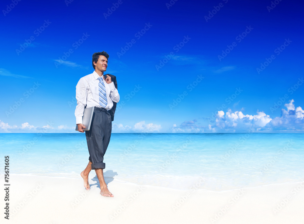 Businessman Summer Beach Vacation Relaxing Working Concept Businessman Summer Beach Vacation Relaxing Working Concept