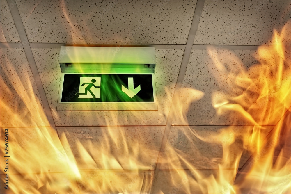Fire in the building - emergency exit - obrazy, fototapety, plakaty 