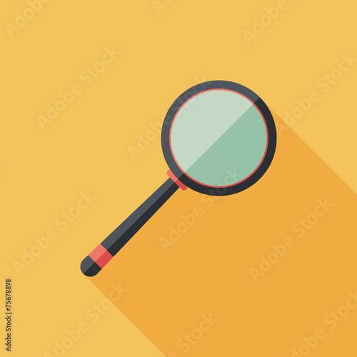 Loupe flat square icon with long shadows.