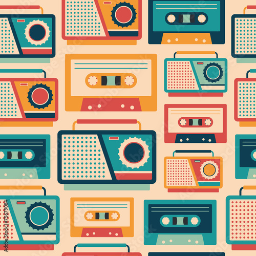 Seamless pattern with retro tape recorders and cassettes.