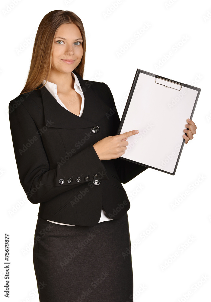 Business woman showing forefinger on clipboard. Business woman showing forefinger on clipboard.