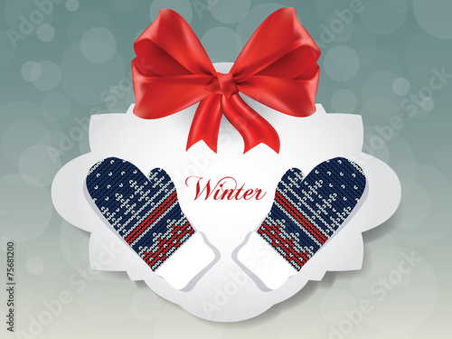 Knitted winter gloves on gift card, vector