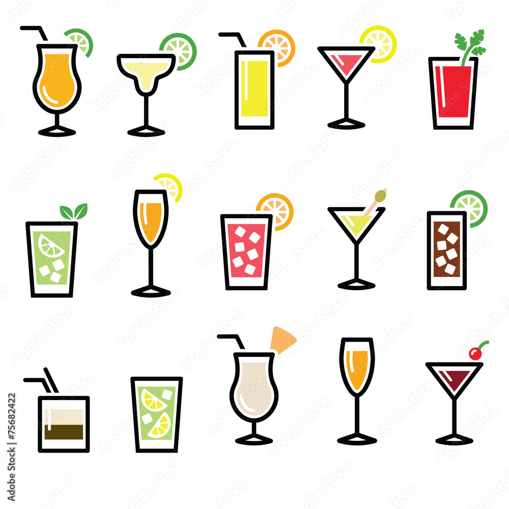 Cocktails, drinks glasses vector icons set Cocktails, drinks glasses vector icons set