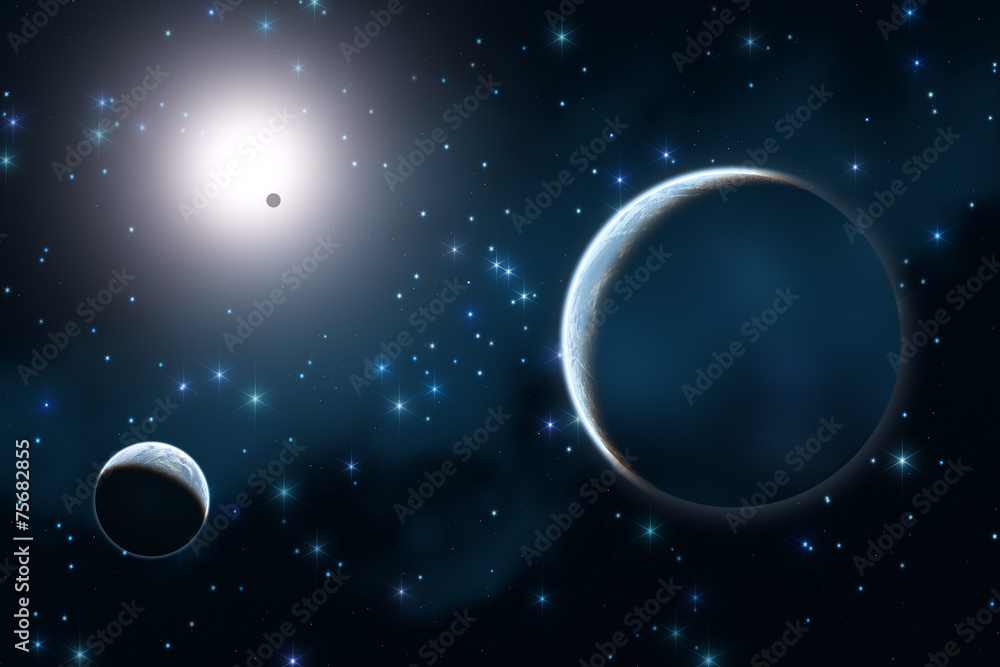 Fototapeta premium Sunrise over planets horizon with stellar wonders.