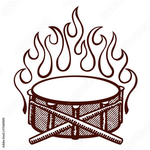 Flaming drums, snare drum with sticks logo, rockabilly flames