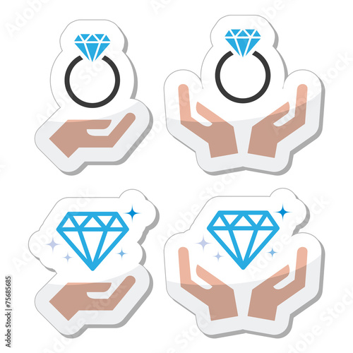 Diamond engagement ring with hands vector icon