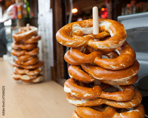 Sale of pretzel in a Christmas market. photo