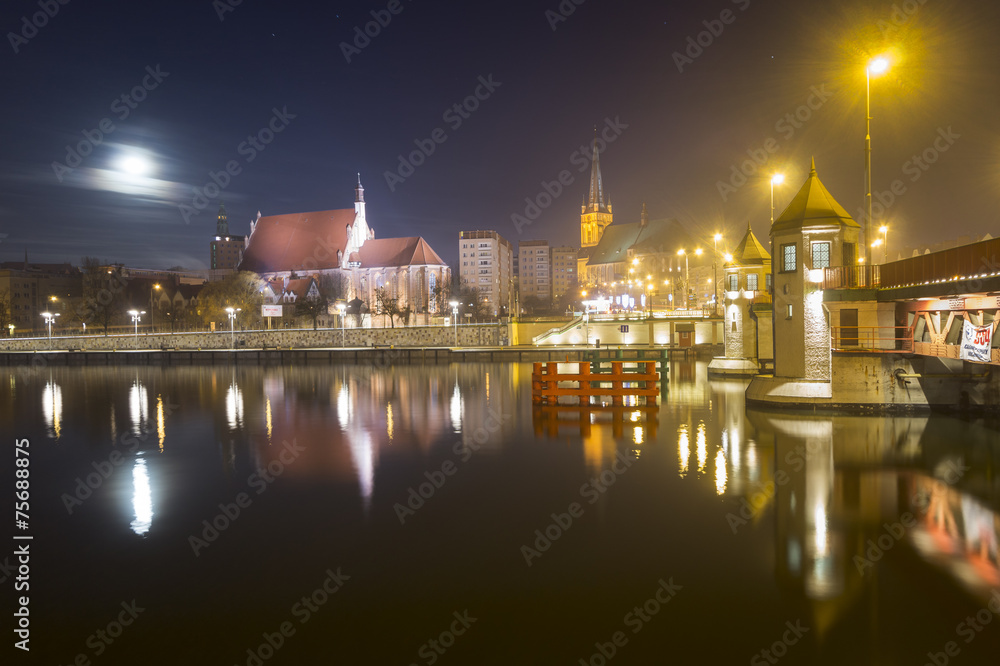 Nocna panorama Szczecina,most Długi,Katedra