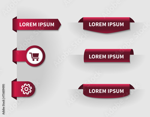 set of red 3d tabs for web design with shopping cart and setting