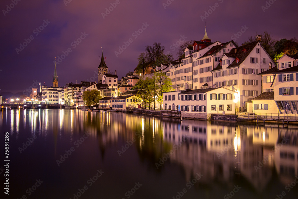 Swiss city Zurich in the night