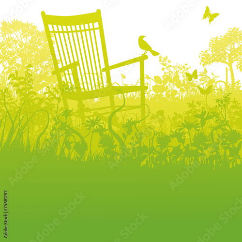 Schaukelstuhl im einem verwilderten Garten und Pause